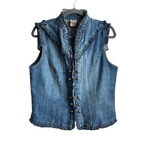 Vintage Faded Glory Y2K Large Ruffled Jean Denim Vest Ladies Ruffle Boho Fairy